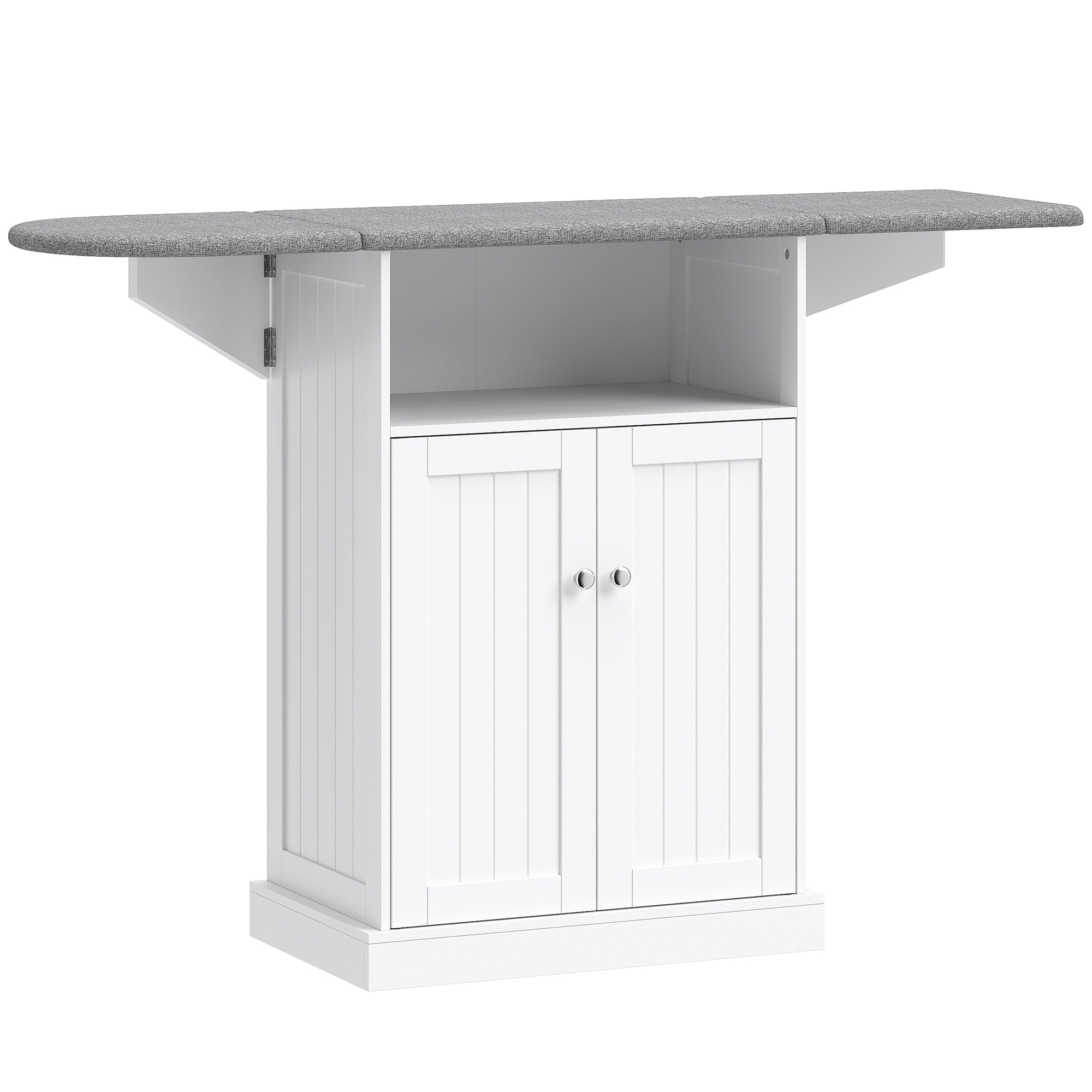 Rolling Ironing Cabinet with Foldable Ironing Board, Open Compartment & Adjustable Shelf — White, 131 x 37 x 89.5 cm