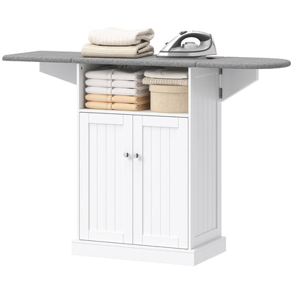 Rolling Ironing Cabinet with Foldable Ironing Board, Open Compartment & Adjustable Shelf — White, 131 x 37 x 89.5 cm