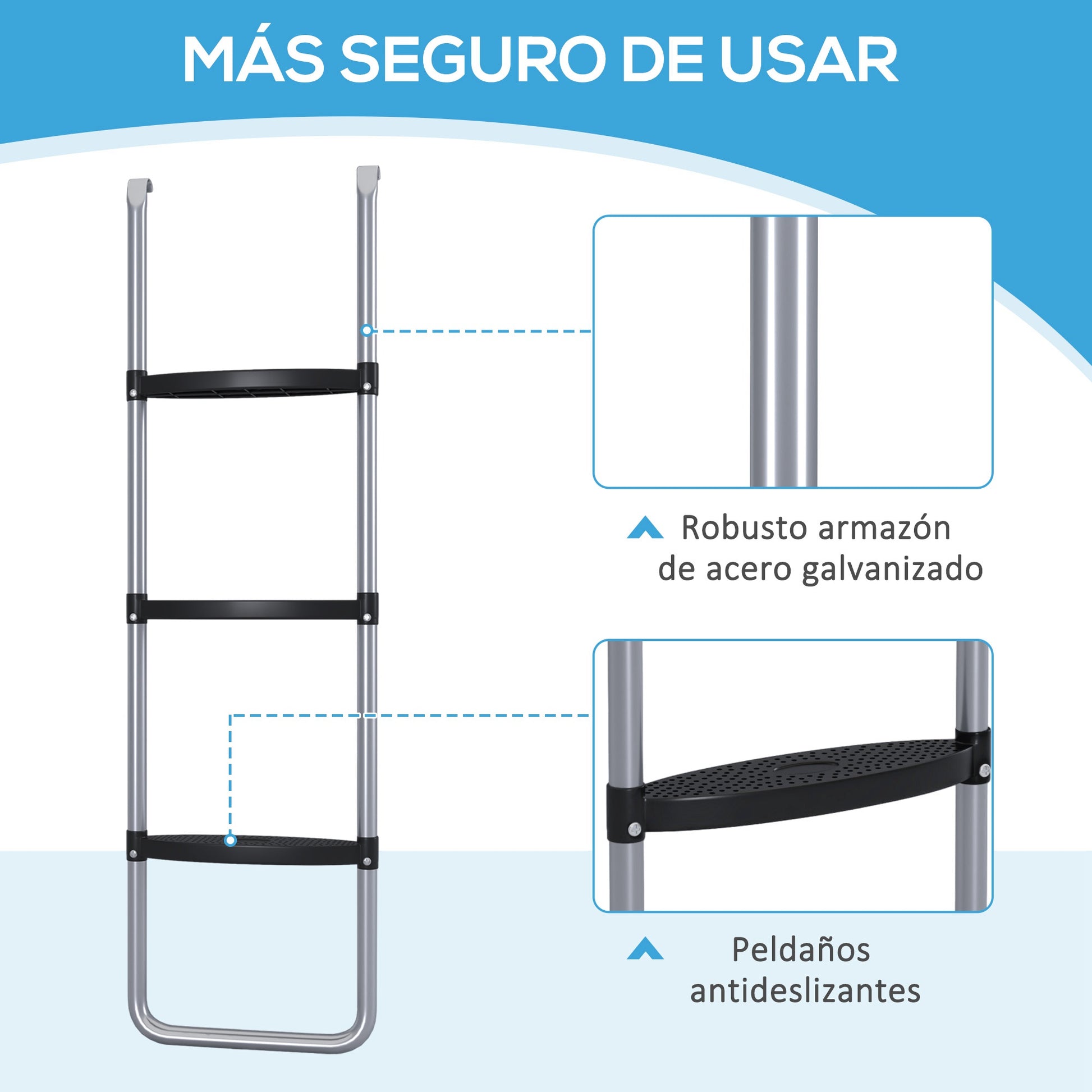 SPORTNOW Steel Trampoline Ladder 3 or 2 Steps with Wide Steps and 2 Hooks Load 120 kg 110x32 cm Silver