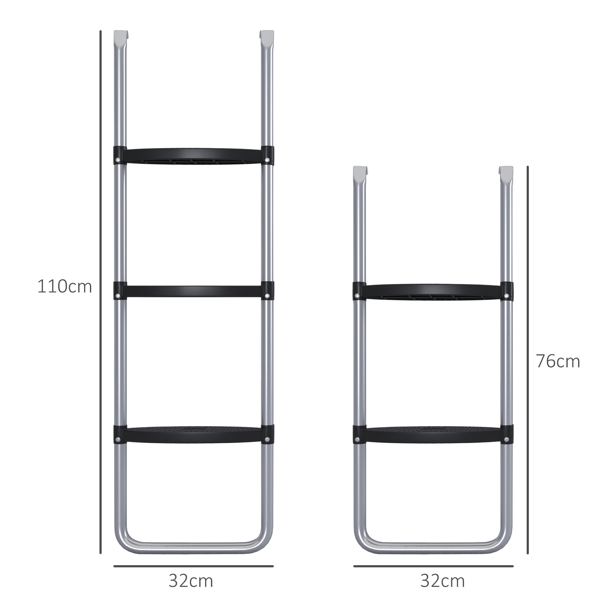 SPORTNOW Steel Trampoline Ladder 3 or 2 Steps with Wide Steps and 2 Hooks Load 120 kg 110x32 cm Silver