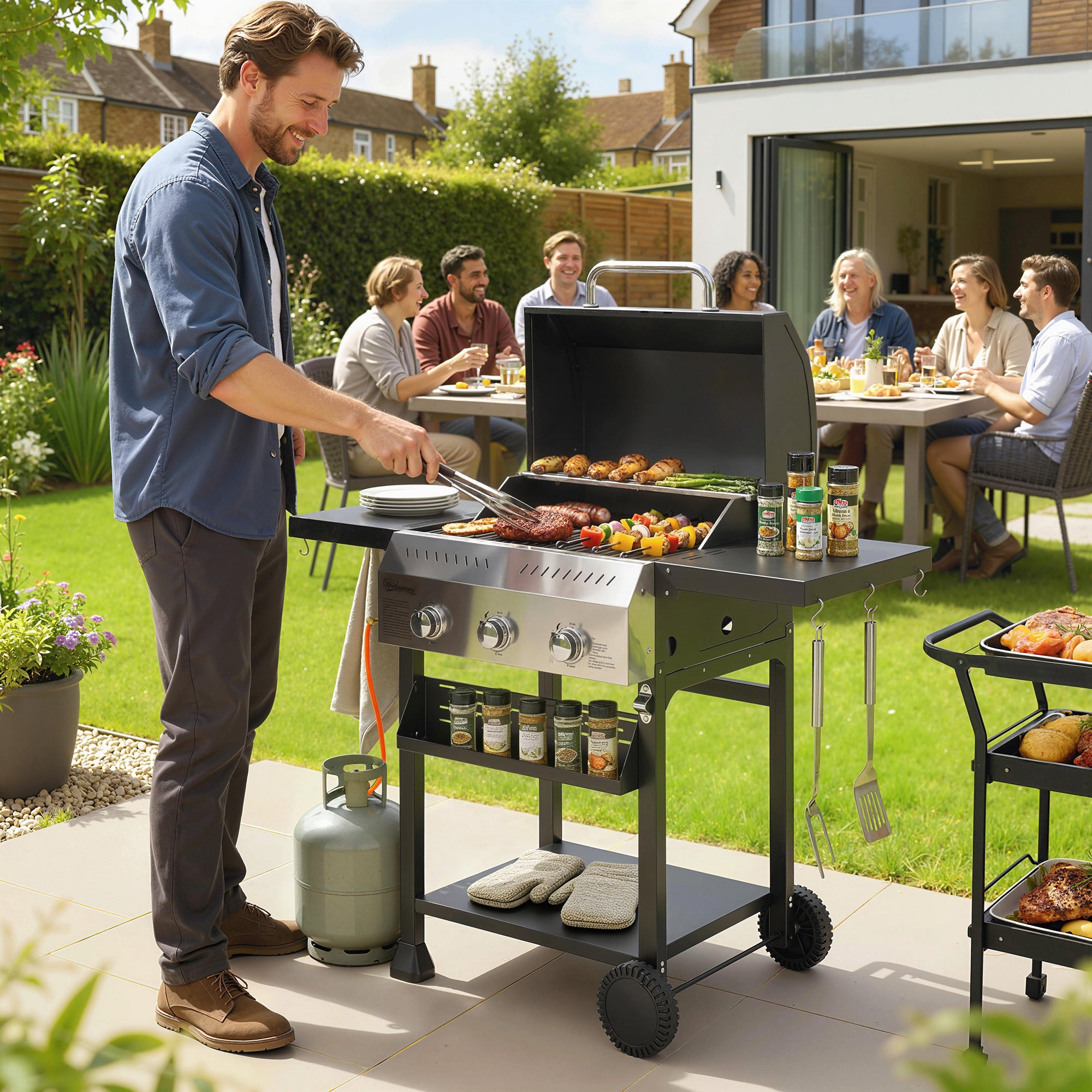 9 kW (≈30,700 BTU) 3-Burner Stainless Steel Gas Grill Cart — Foldable Side Shelves, Spice Rack, Warming Rack, Enamel Grates, Wheels
