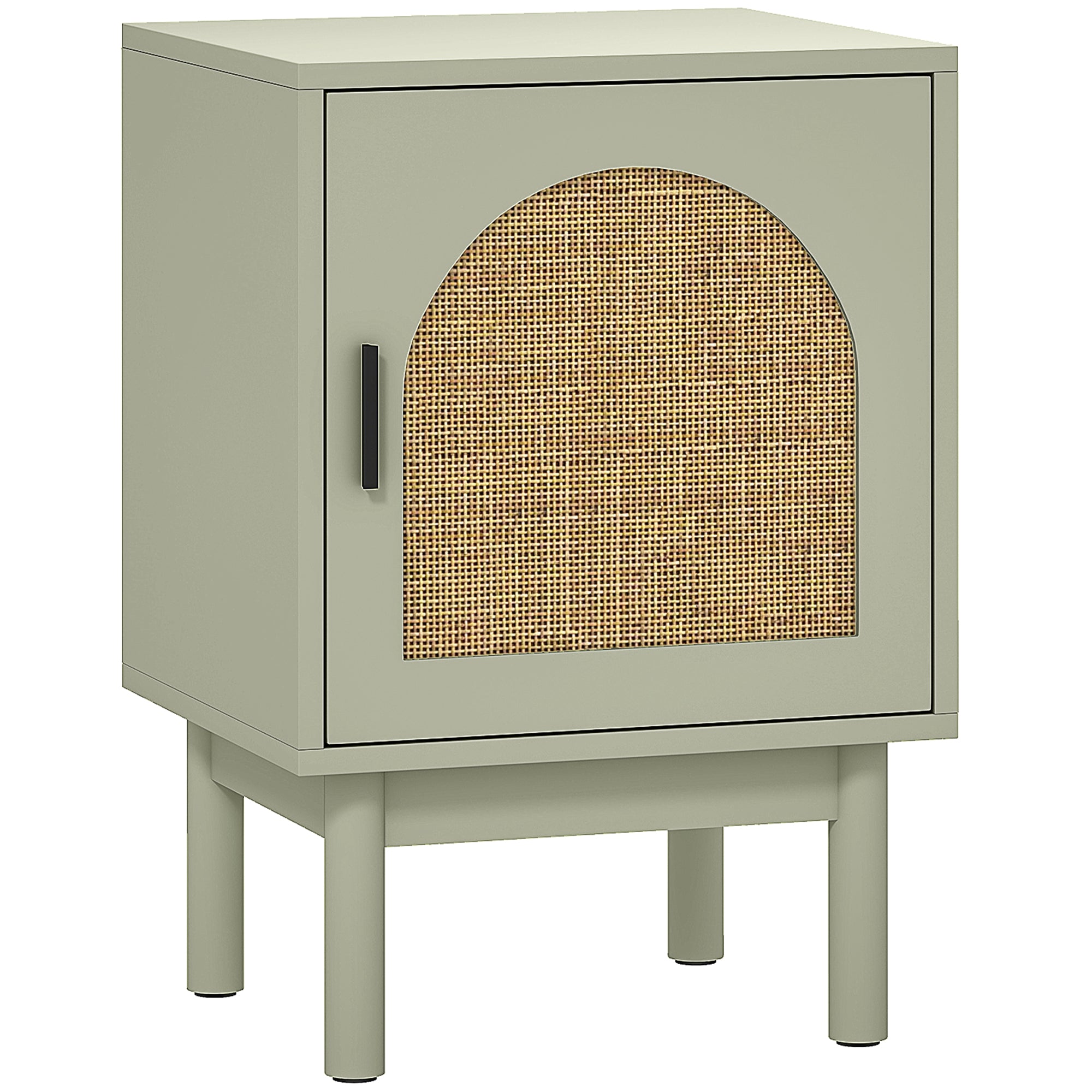 Bedside Table Nightstand with Rattan Door Adjustable Shelf and Wood Legs Bohemian Style Side Table for Living Room Bedroom 40x35x58 cm Light Green