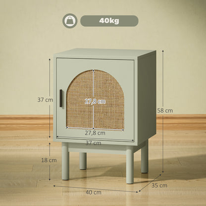 Bedside Table Nightstand with Rattan Door Adjustable Shelf and Wood Legs Bohemian Style Side Table for Living Room Bedroom 40x35x58 cm Light Green