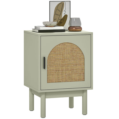 Bedside Table Nightstand with Rattan Door Adjustable Shelf and Wood Legs Bohemian Style Side Table for Living Room Bedroom 40x35x58 cm Light Green