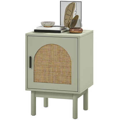 Bedside Table Nightstand with Rattan Door Adjustable Shelf and Wood Legs Bohemian Style Side Table for Living Room Bedroom 40x35x58 cm Light Green