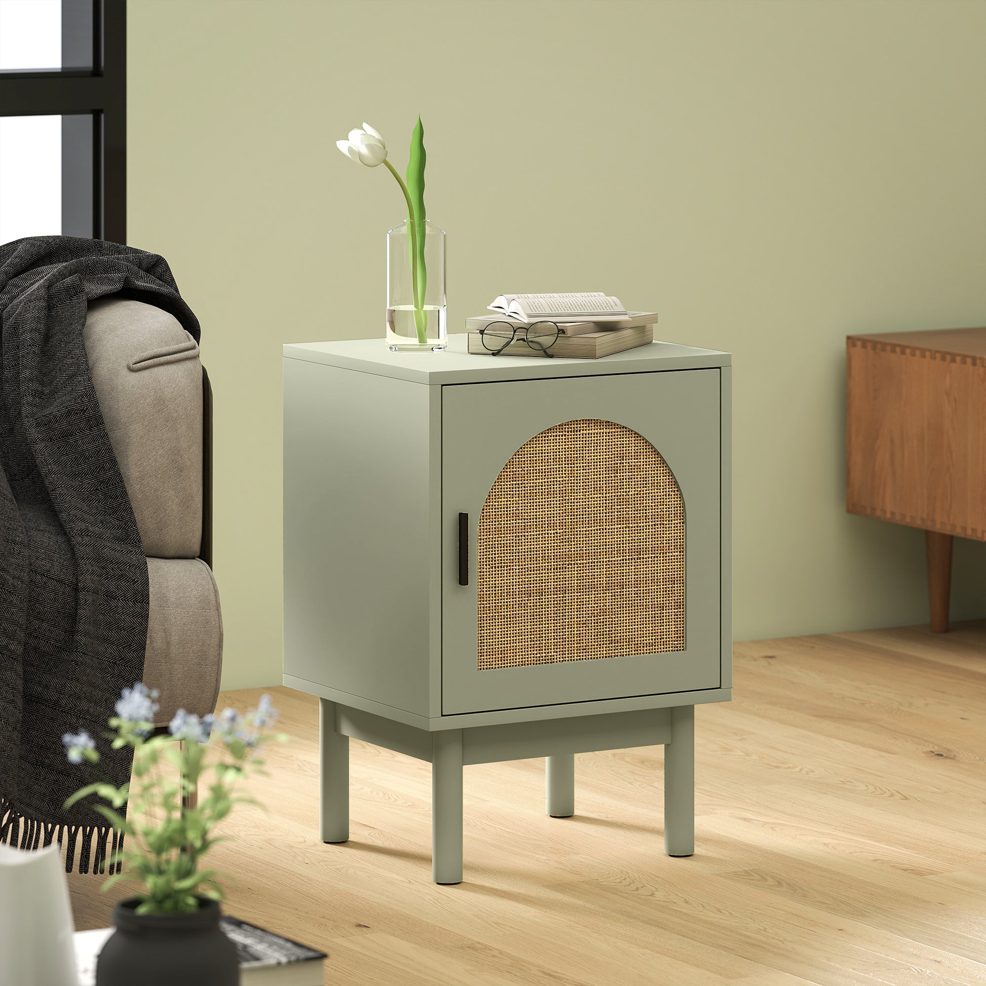 Bedside Table Nightstand with Rattan Door Adjustable Shelf and Wood Legs Bohemian Style Side Table for Living Room Bedroom 40x35x58 cm Light Green