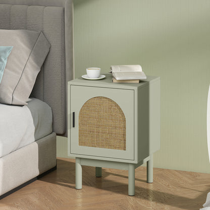 Bedside Table Nightstand with Rattan Door Adjustable Shelf and Wood Legs Bohemian Style Side Table for Living Room Bedroom 40x35x58 cm Light Green