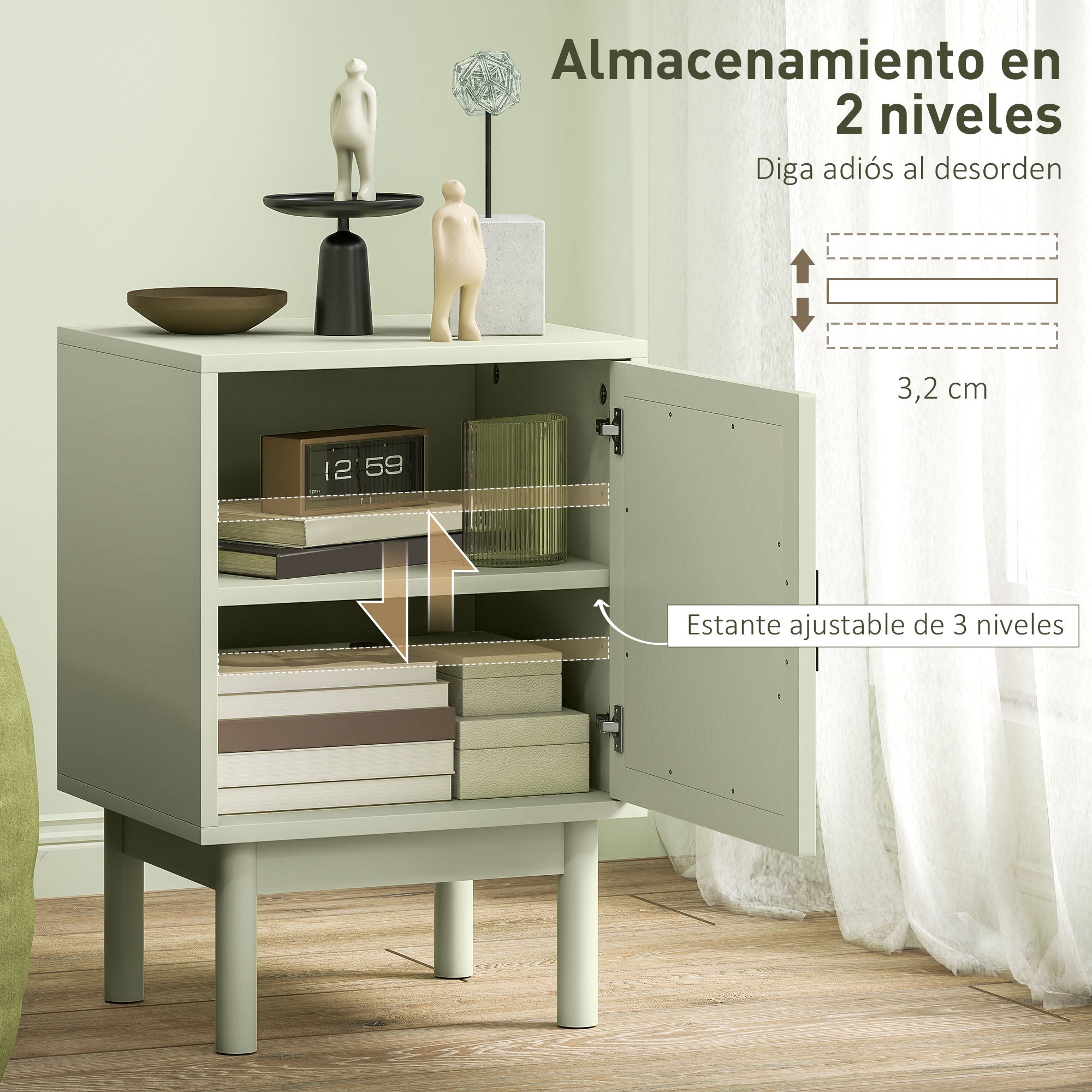 Bedside Table Nightstand with Rattan Door Adjustable Shelf and Wood Legs Bohemian Style Side Table for Living Room Bedroom 40x35x58 cm Light Green
