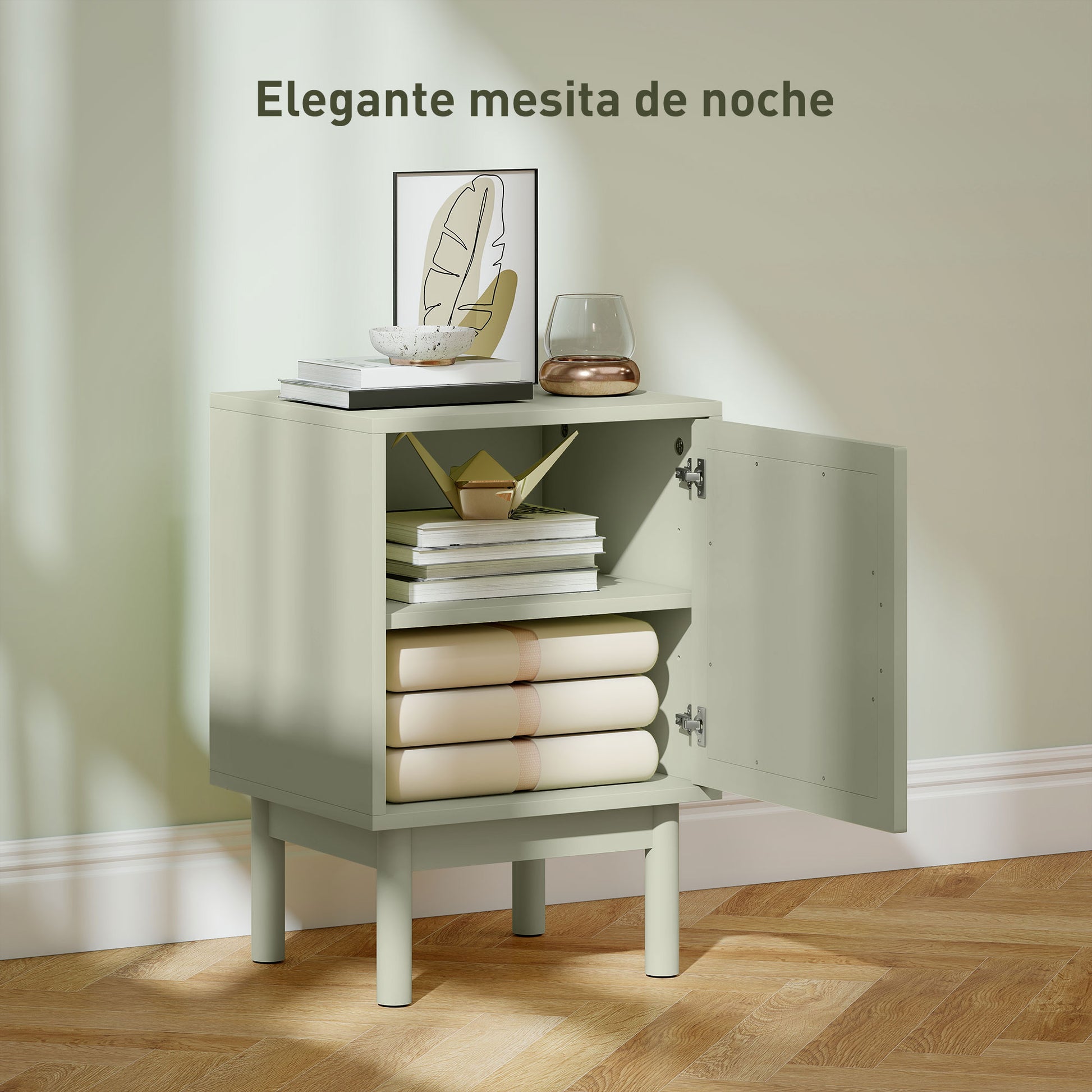 Bedside Table Nightstand with Rattan Door Adjustable Shelf and Wood Legs Bohemian Style Side Table for Living Room Bedroom 40x35x58 cm Light Green