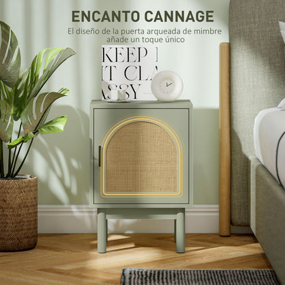 Bedside Table Nightstand with Rattan Door Adjustable Shelf and Wood Legs Bohemian Style Side Table for Living Room Bedroom 40x35x58 cm Light Green