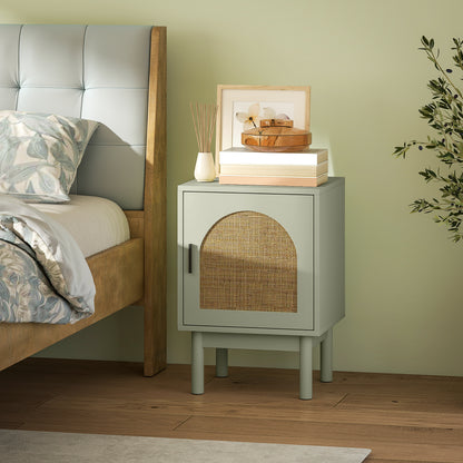 Bedside Table Nightstand with Rattan Door Adjustable Shelf and Wood Legs Bohemian Style Side Table for Living Room Bedroom 40x35x58 cm Light Green