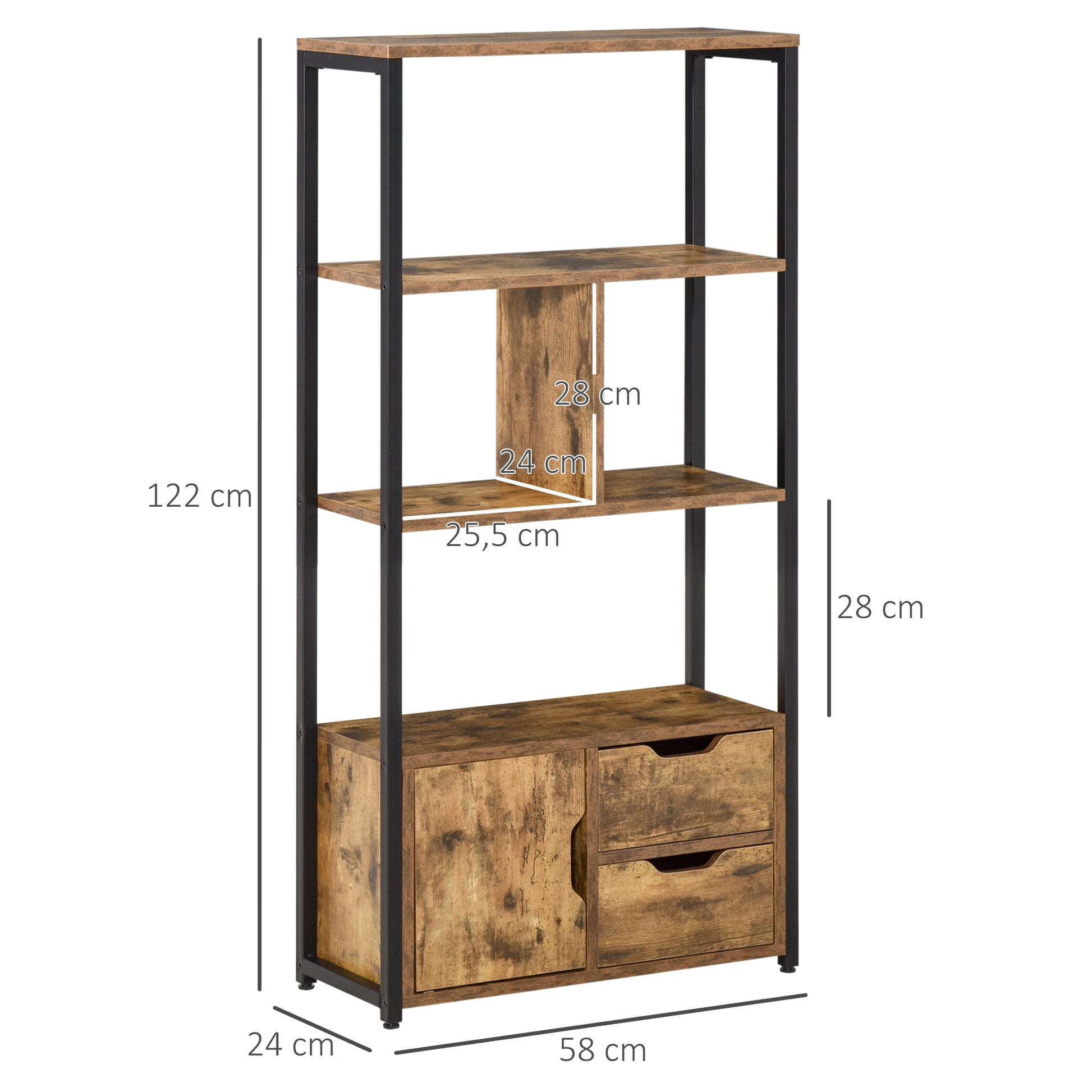 Bookshelf with Cabinet and 2 Storage Drawers Industrial Style Bookcase for Office Living Room 58x24x122 cm Rustic Brown