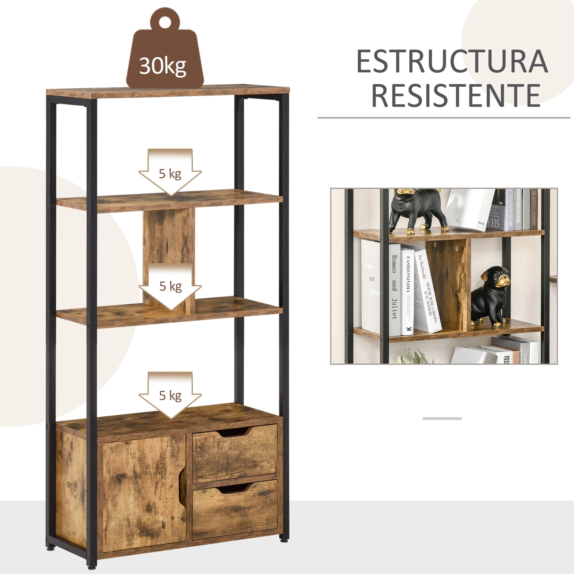 Bookshelf with Cabinet and 2 Storage Drawers Industrial Style Bookcase for Office Living Room 58x24x122 cm Rustic Brown