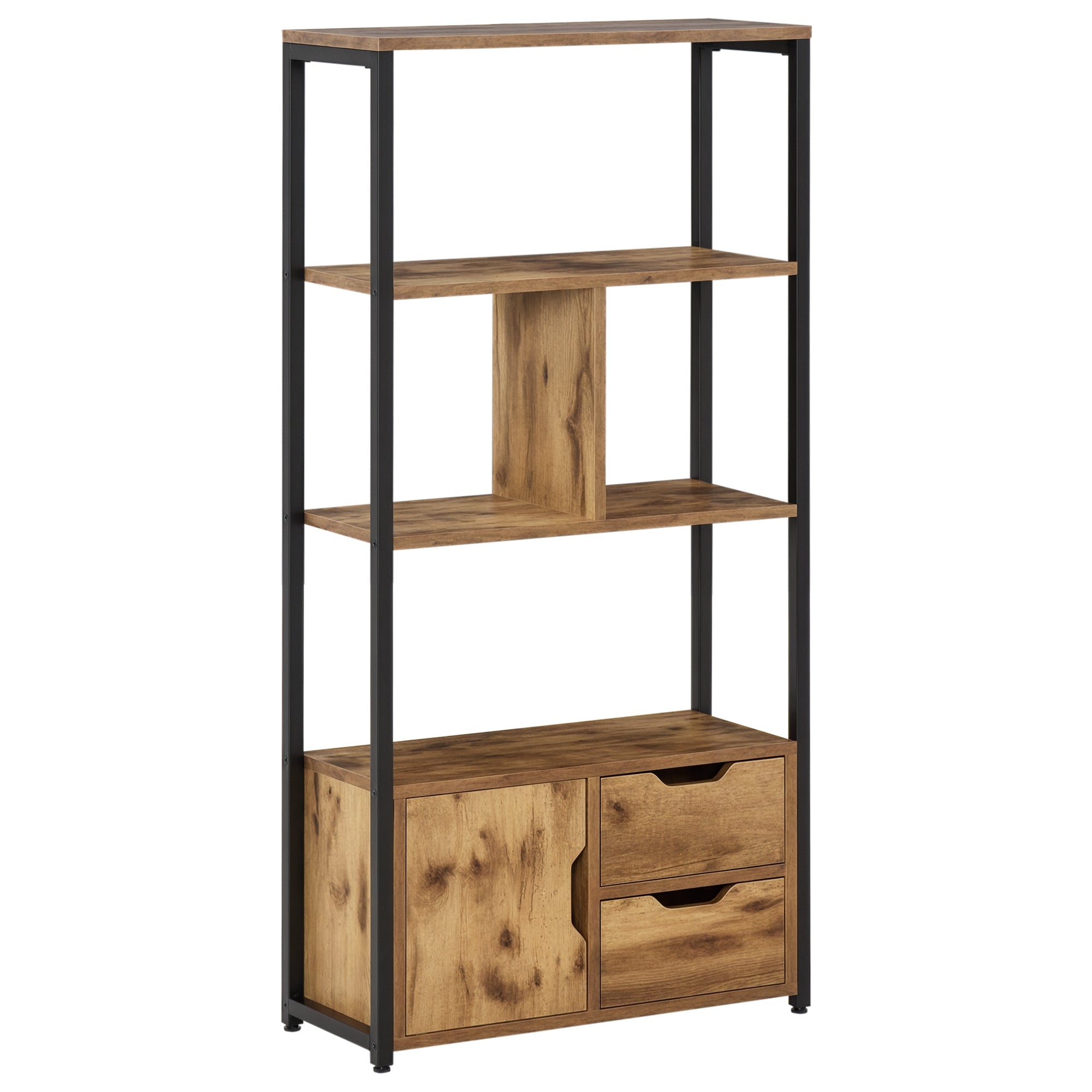 Bookshelf with Cabinet and 2 Storage Drawers Industrial Style Bookcase for Office Living Room 58x24x122 cm Rustic Brown