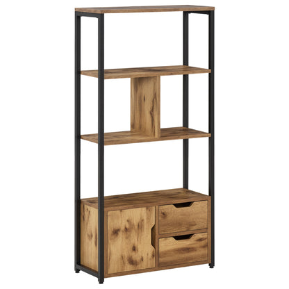 Bookshelf with Cabinet and 2 Storage Drawers Industrial Style Bookcase for Office Living Room 58x24x122 cm Rustic Brown