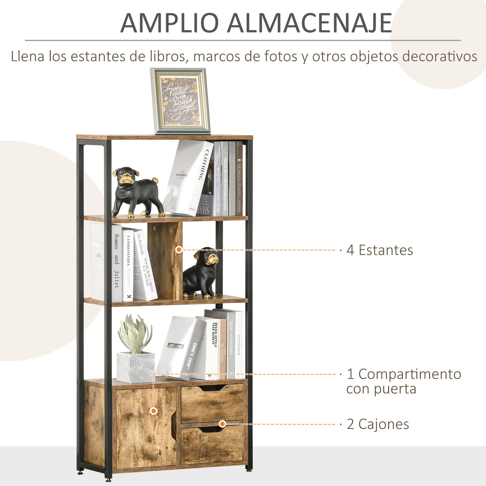 Bookshelf with Cabinet and 2 Storage Drawers Industrial Style Bookcase for Office Living Room 58x24x122 cm Rustic Brown