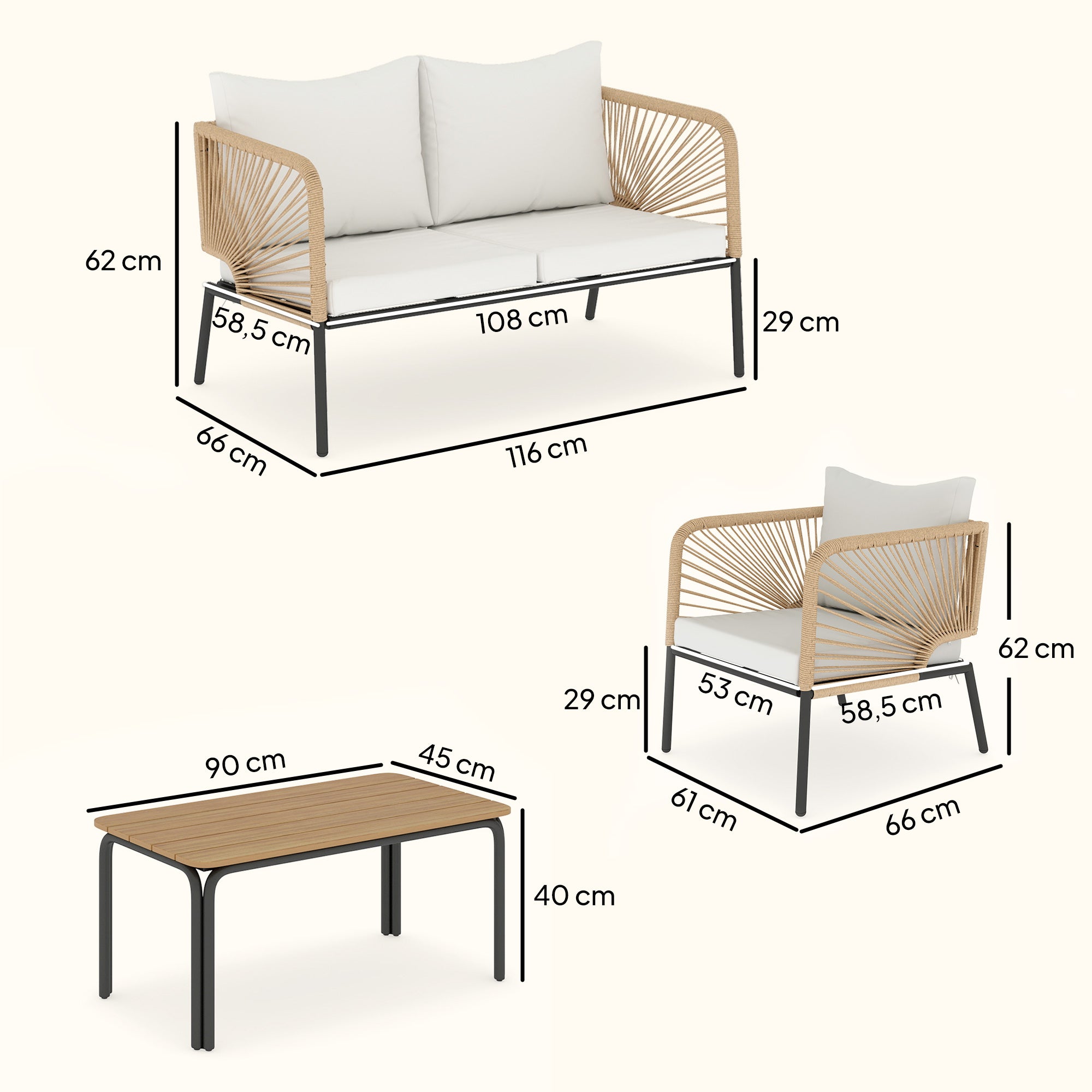 4-Piece Outdoor Patio Set – 2-Seat Sofa, 2 Armchairs & WPC Coffee Table, Rope-Style PE Rattan, Padded Cushions, White