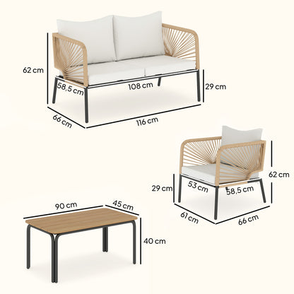 4-Piece Outdoor Patio Set – 2-Seat Sofa, 2 Armchairs & WPC Coffee Table, Rope-Style PE Rattan, Padded Cushions, White
