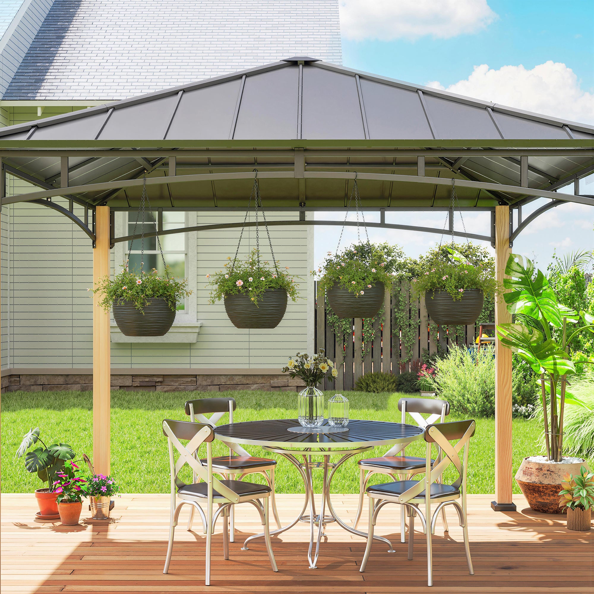 4-Pack Hanging Flower Pots, Round Planters with Drainage Holes and Metal Chains, Self-Watering Plastic Planters for Flowers & Tomatoes, Black
