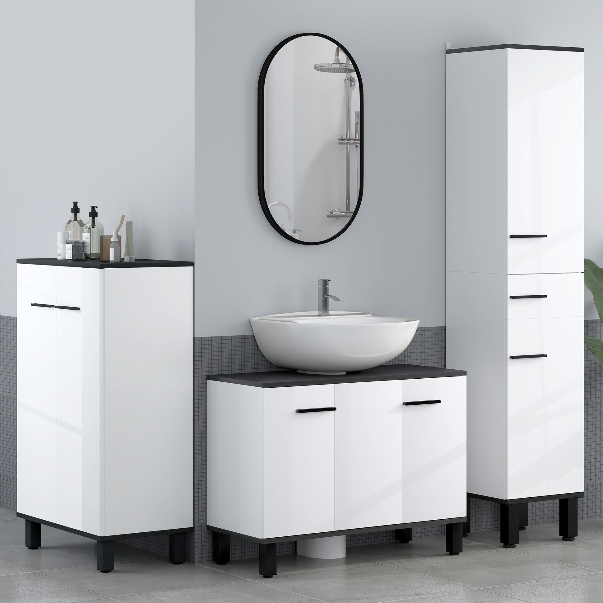 Bathroom Cabinet Auxiliary Bathroom Furniture with Doors Adjustable Shelves and Anti-tip System 60x34x94 cm White Gloss