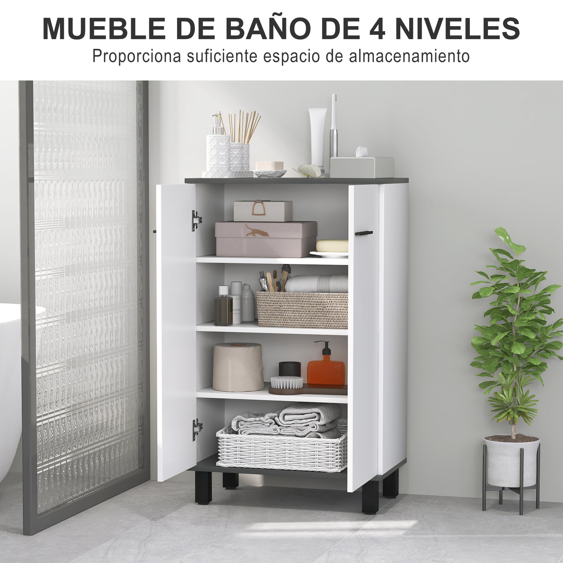 Bathroom Cabinet Auxiliary Bathroom Furniture with Doors Adjustable Shelves and Anti-tip System 60x34x94 cm White Gloss