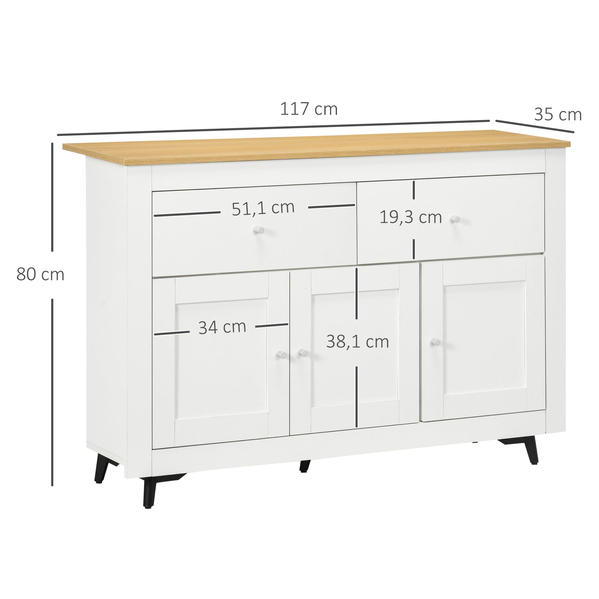 Kitchen Sideboard Kitchen Auxiliary Furniture TV Stand with 2 Drawers 3 Doors and Adjustable Shelf for Dining Room Living Room 117x35x80 cm White