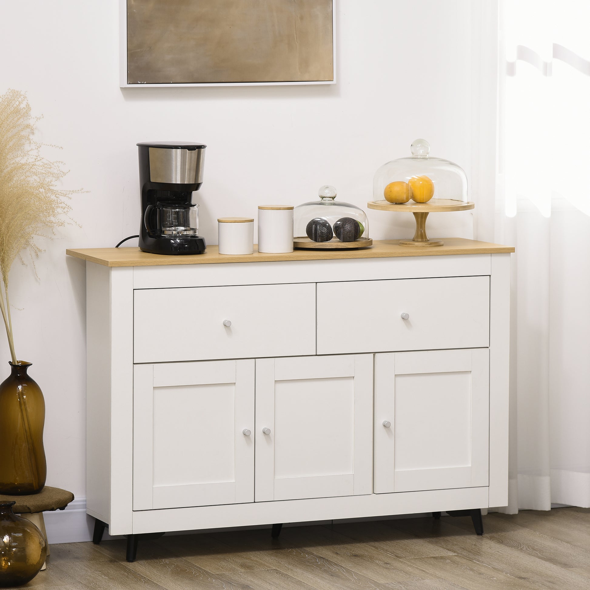 Kitchen Sideboard Kitchen Auxiliary Furniture TV Stand with 2 Drawers 3 Doors and Adjustable Shelf for Dining Room Living Room 117x35x80 cm White
