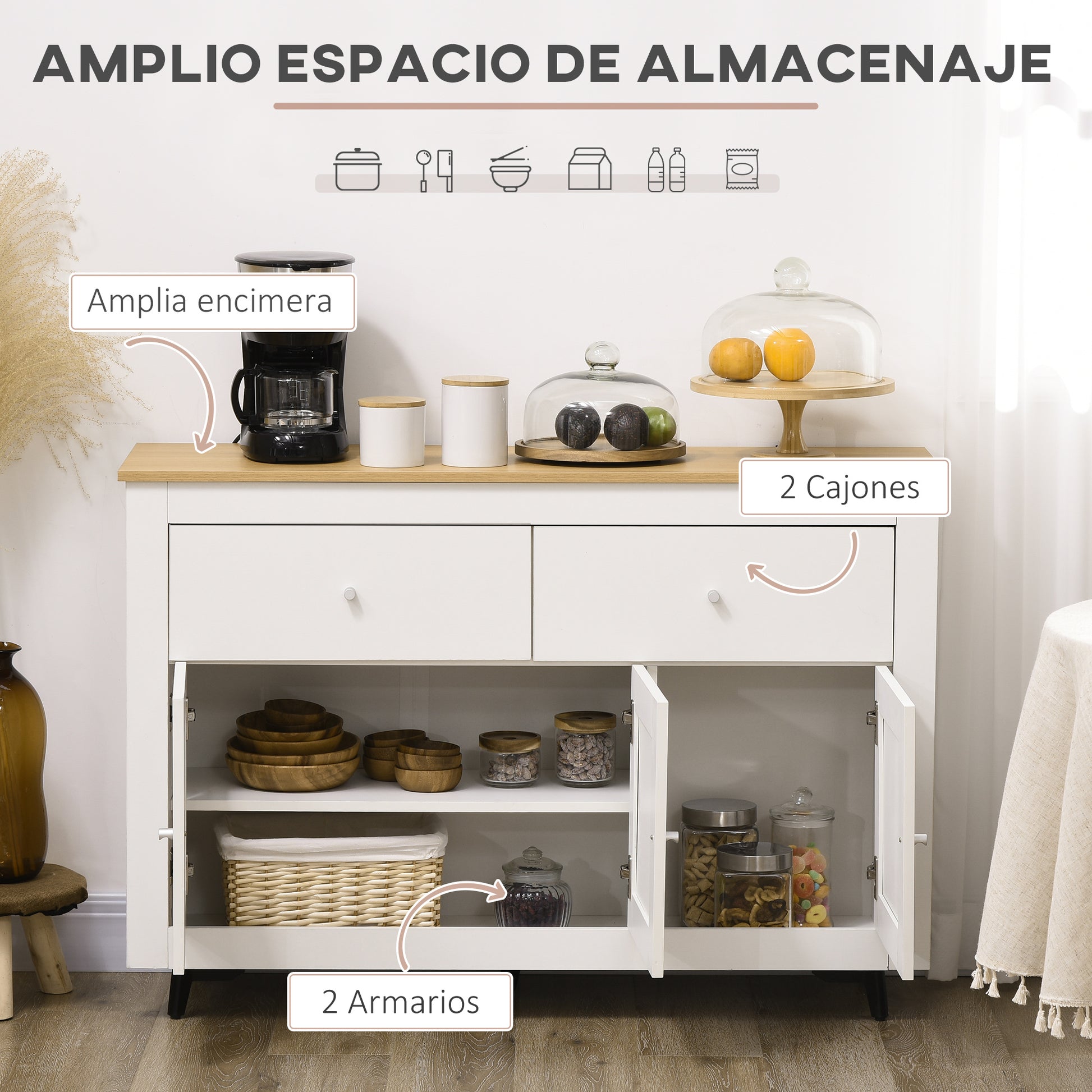 Kitchen Sideboard Kitchen Auxiliary Furniture TV Stand with 2 Drawers 3 Doors and Adjustable Shelf for Dining Room Living Room 117x35x80 cm White