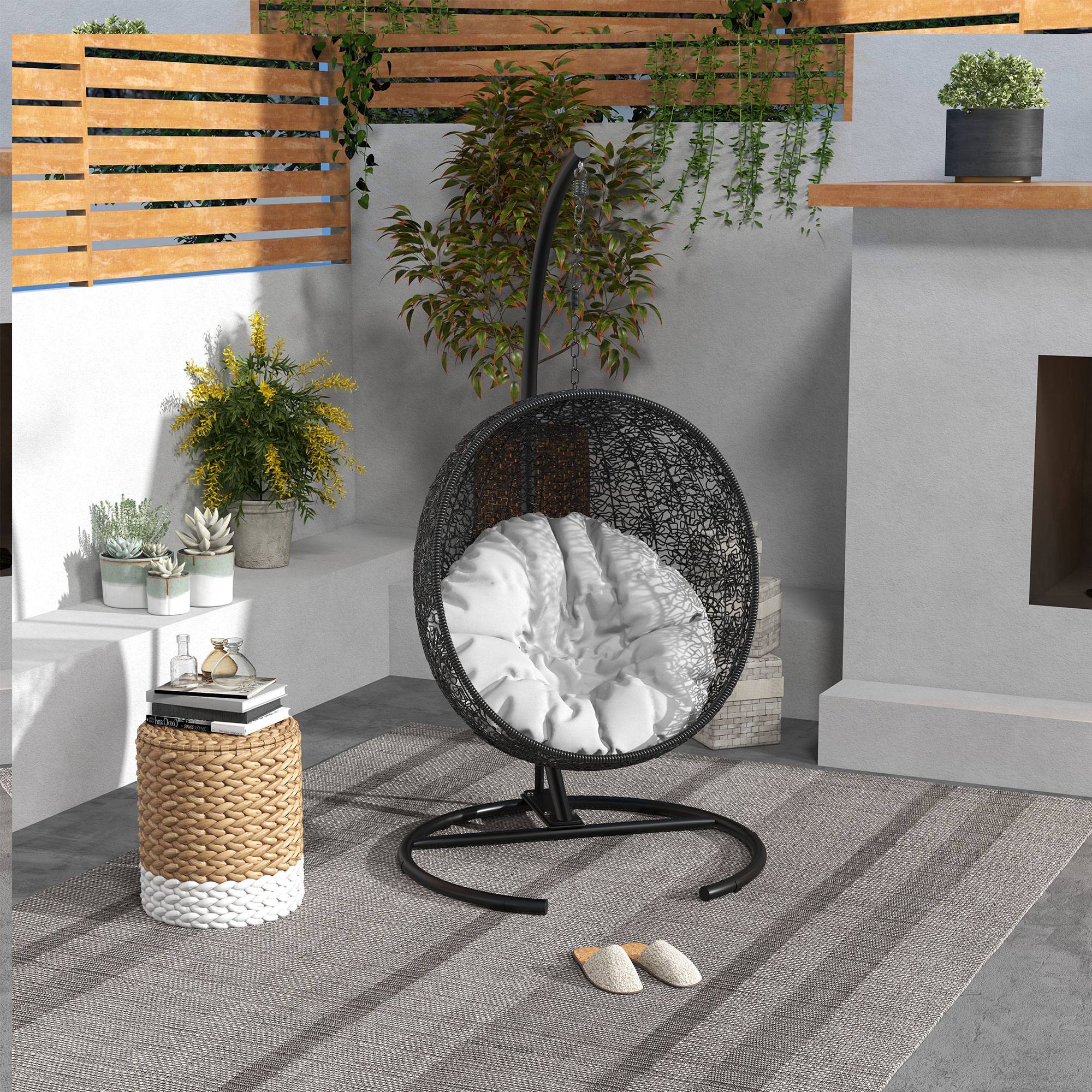 Egg Hanging Chair Stand with Stable Base Metal Swing Chair Frame Hanging Chair Stand for Indoor and Outdoor Use 150 kg Load Capacity Ø102x195 cm Black