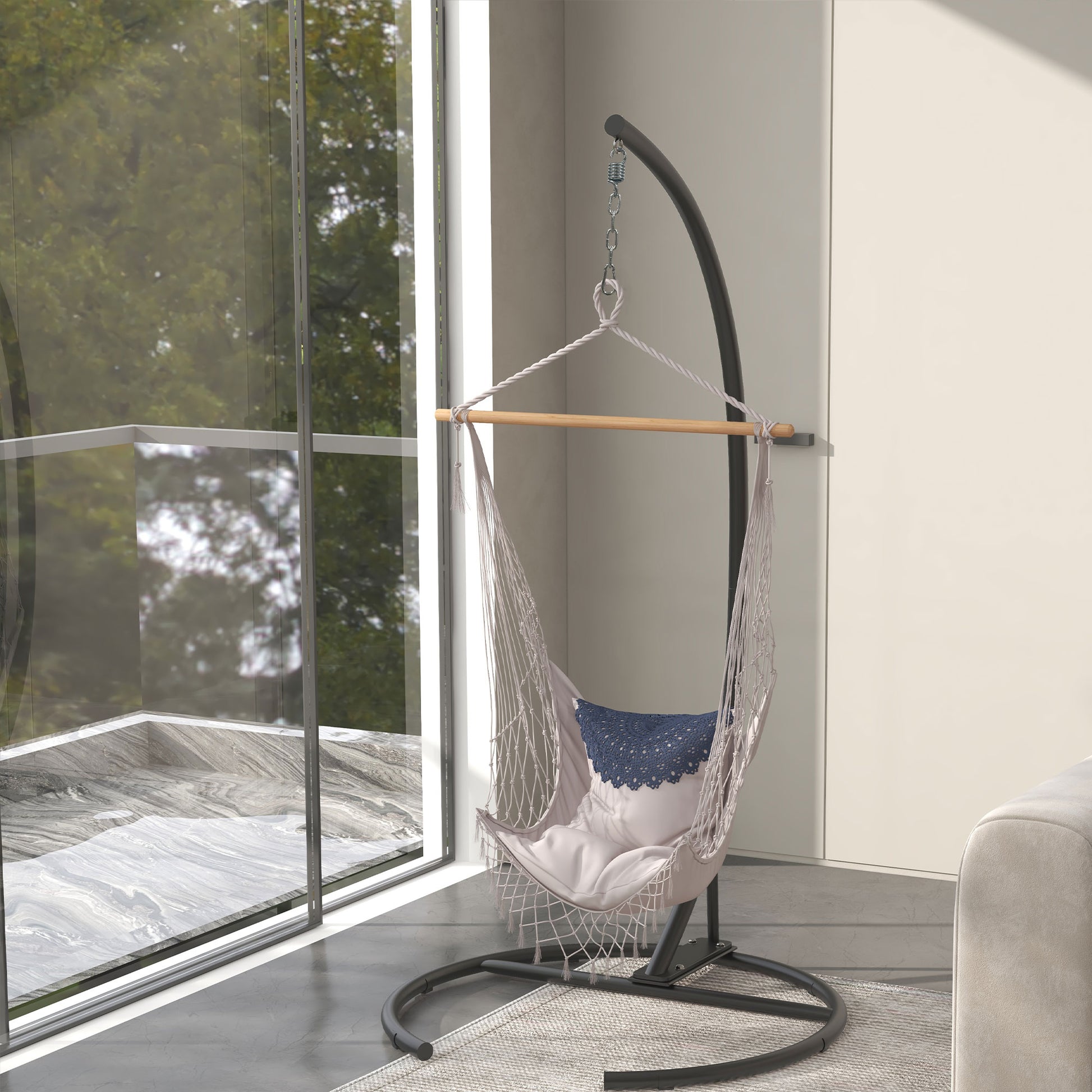 Egg Hanging Chair Stand with Stable Base Metal Swing Chair Frame Hanging Chair Stand for Indoor and Outdoor Use 150 kg Load Capacity Ø102x195 cm Black