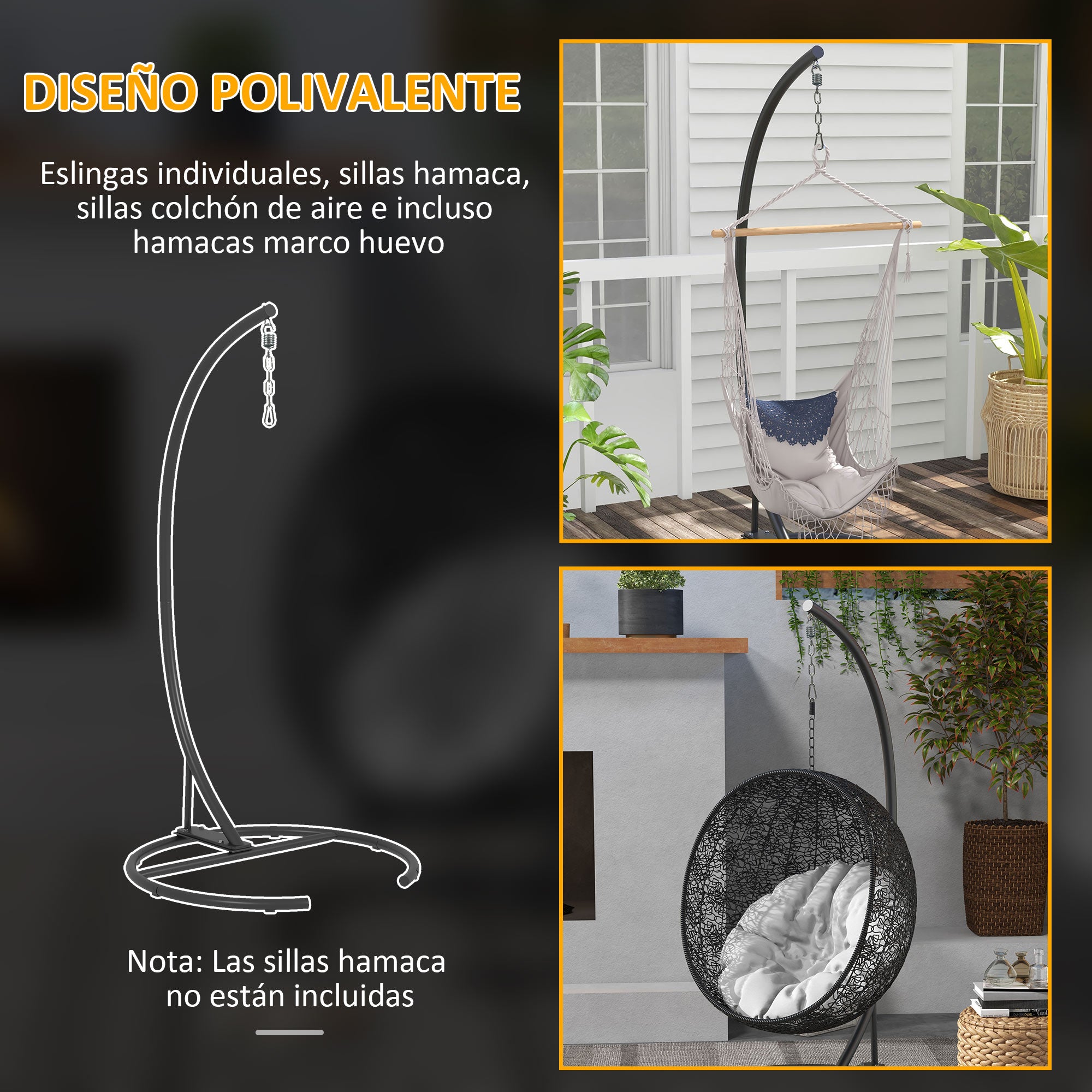 Egg Hanging Chair Stand with Stable Base Metal Swing Chair Frame Hanging Chair Stand for Indoor and Outdoor Use 150 kg Load Capacity Ø102x195 cm Black