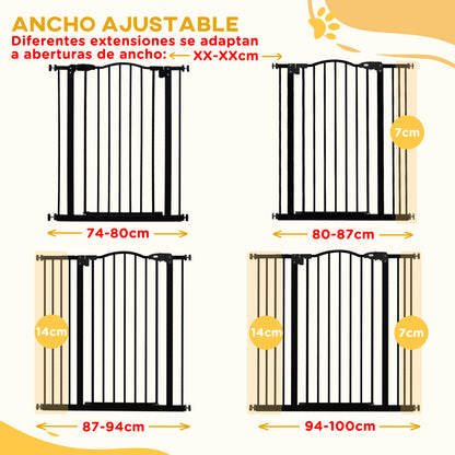 Expandable Dog Safety Gate 74-100 cm for Doors and Stairs Pet Security Gate with 2 Extensions 7/14 cm Pressure Mounting and Double Locking Black