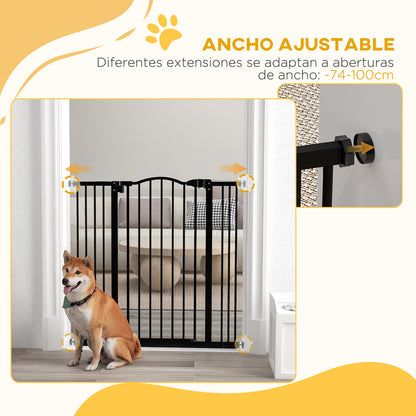 Expandable Dog Safety Gate 74-100 cm for Doors and Stairs Pet Security Gate with 2 Extensions 7/14 cm Pressure Mounting and Double Locking Black