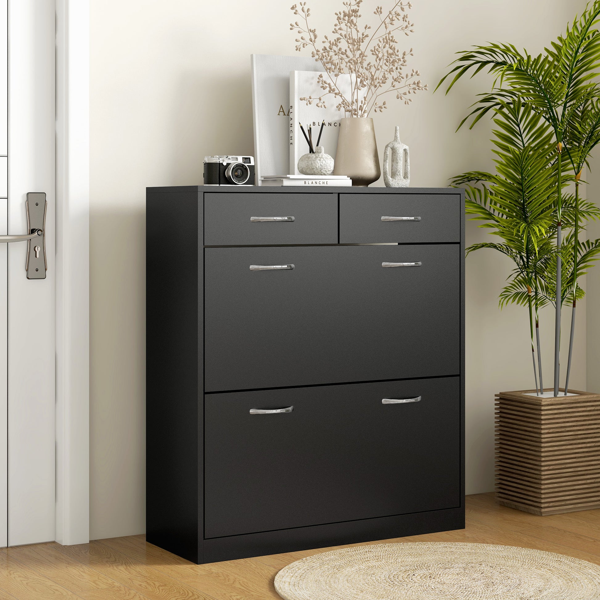 Narrow Shoe Cabinet Shoe Storage Bench with 2 Flip-Down Drawers and 2 Pull-Out Drawers for 12 Pairs of Shoes for Hallway 80x30x91.5 cm Black