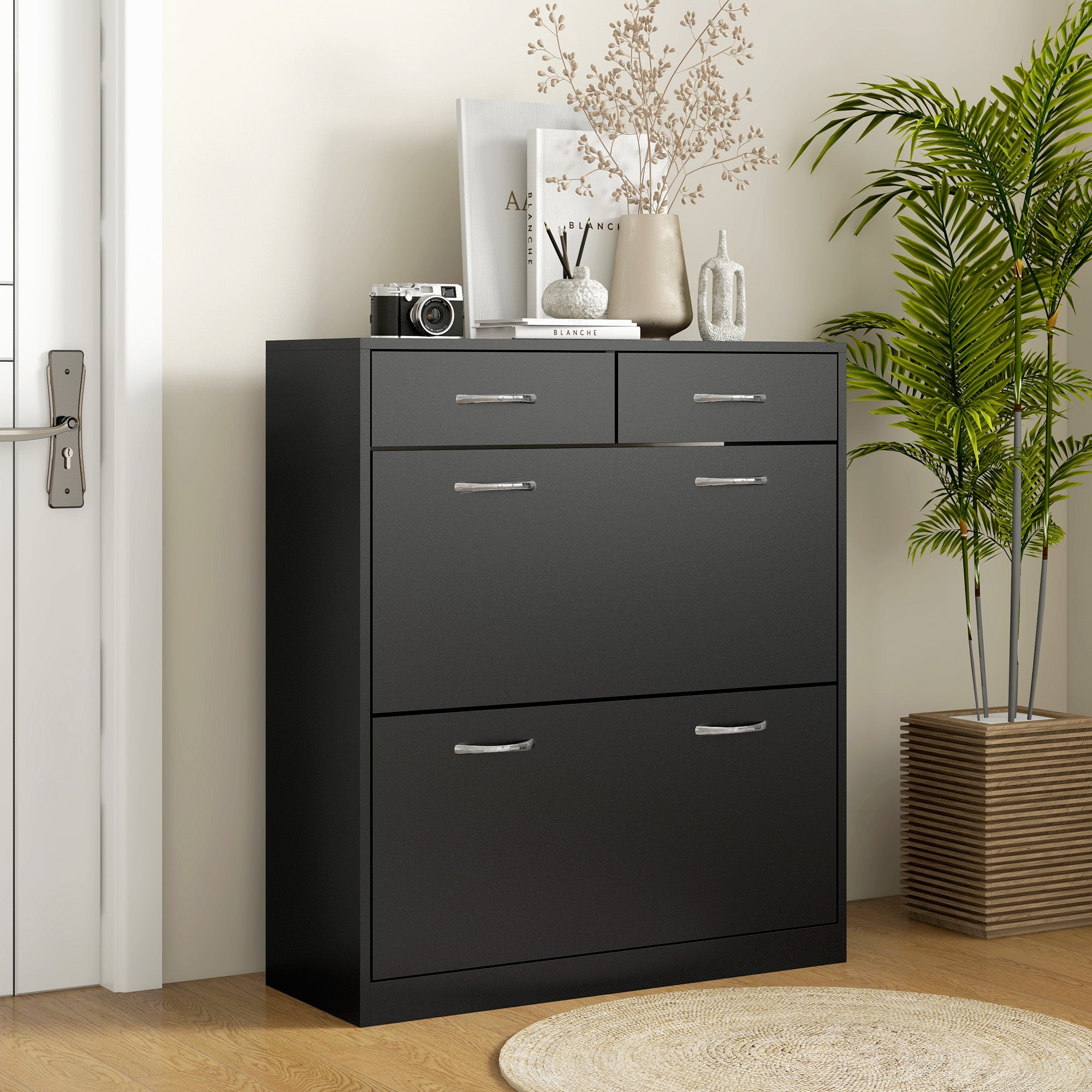 Narrow Shoe Cabinet Shoe Storage Bench with 2 Flip-Down Drawers and 2 Pull-Out Drawers for 12 Pairs of Shoes for Hallway 80x30x91.5 cm Black