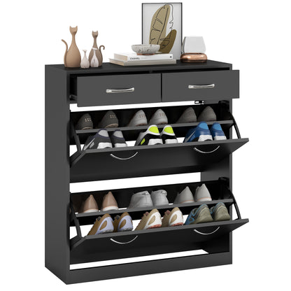 Narrow Shoe Cabinet Shoe Storage Bench with 2 Flip-Down Drawers and 2 Pull-Out Drawers for 12 Pairs of Shoes for Hallway 80x30x91.5 cm Black