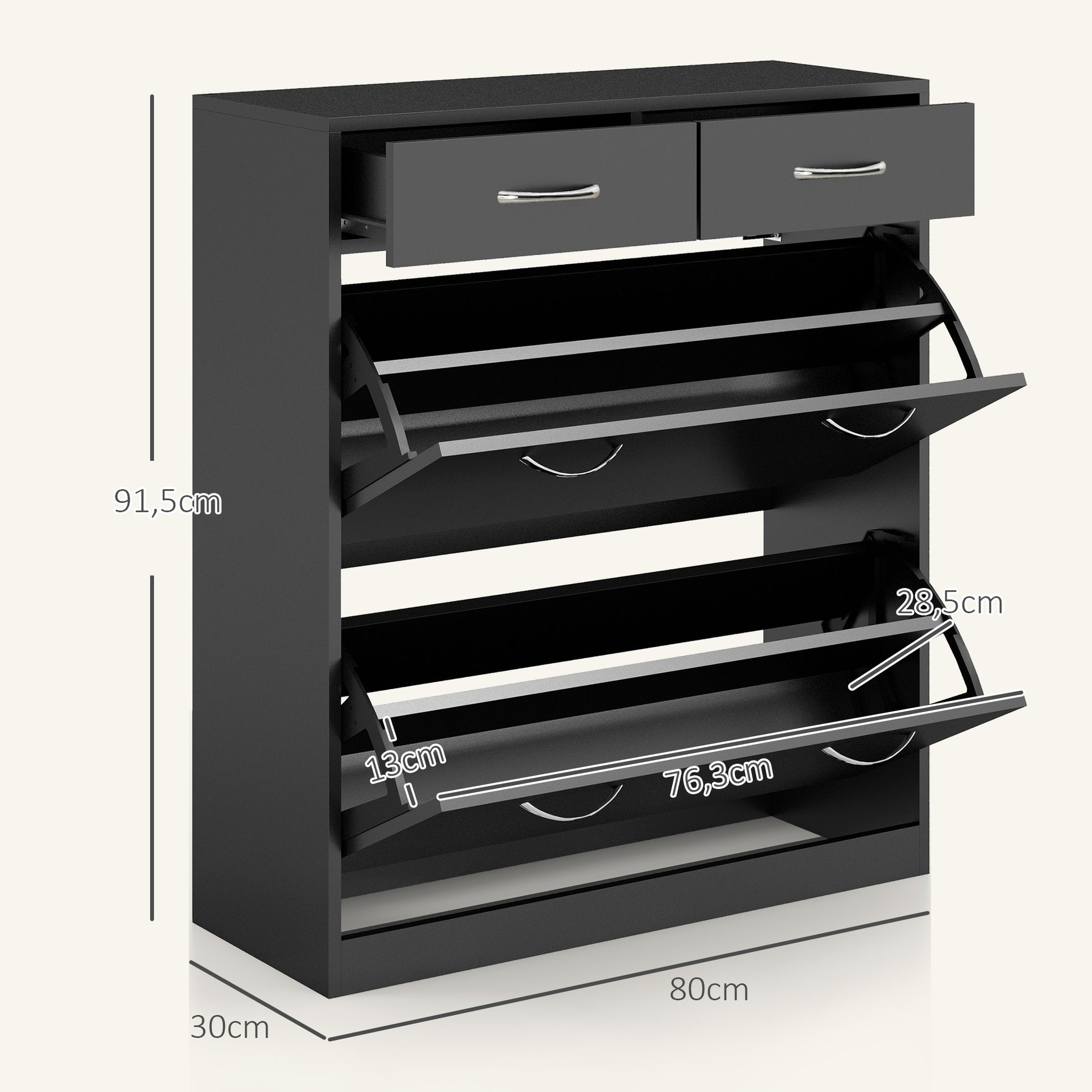 Narrow Shoe Cabinet Shoe Storage Bench with 2 Flip-Down Drawers and 2 Pull-Out Drawers for 12 Pairs of Shoes for Hallway 80x30x91.5 cm Black