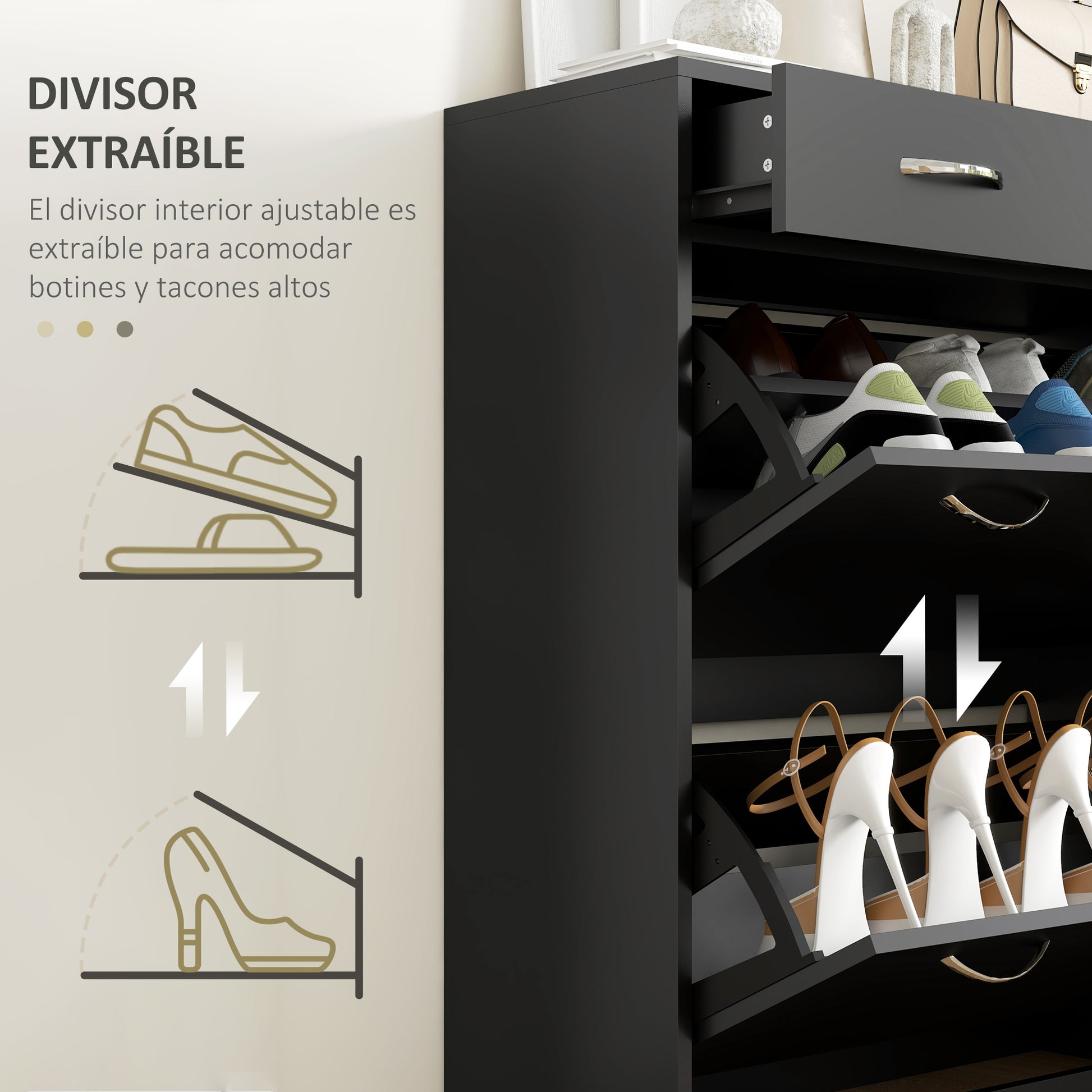 Narrow Shoe Cabinet Shoe Storage Bench with 2 Flip-Down Drawers and 2 Pull-Out Drawers for 12 Pairs of Shoes for Hallway 80x30x91.5 cm Black