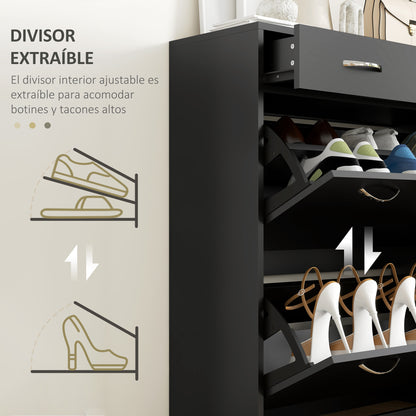 Narrow Shoe Cabinet Shoe Storage Bench with 2 Flip-Down Drawers and 2 Pull-Out Drawers for 12 Pairs of Shoes for Hallway 80x30x91.5 cm Black