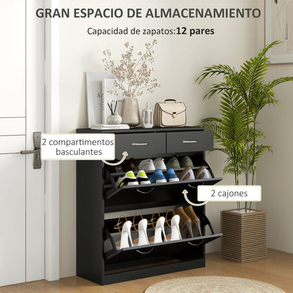 Narrow Shoe Cabinet Shoe Storage Bench with 2 Flip-Down Drawers and 2 Pull-Out Drawers for 12 Pairs of Shoes for Hallway 80x30x91.5 cm Black