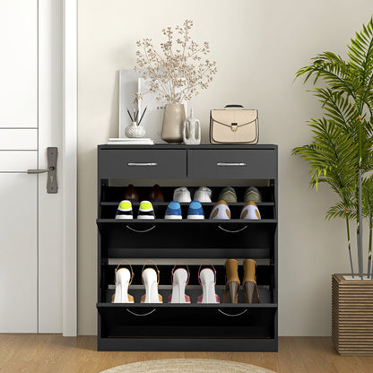 Narrow Shoe Cabinet Shoe Storage Bench with 2 Flip-Down Drawers and 2 Pull-Out Drawers for 12 Pairs of Shoes for Hallway 80x30x91.5 cm Black