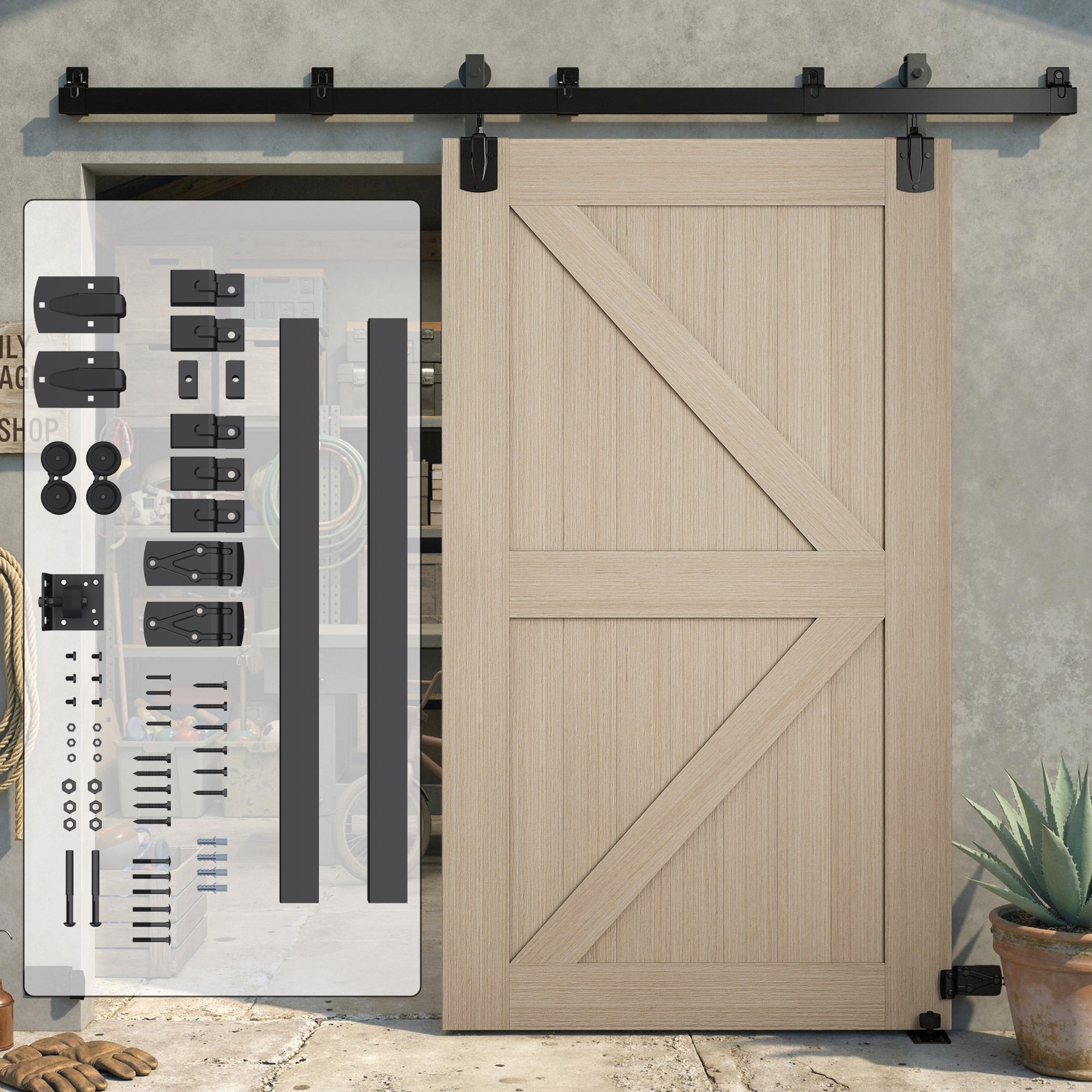 Sliding Door Hardware Kit 2.44 m (8 ft) with Rail – Clamp Hanger Sliding Door System in Carbon Steel, Screw Set with UV Protection for Single Doors, Black