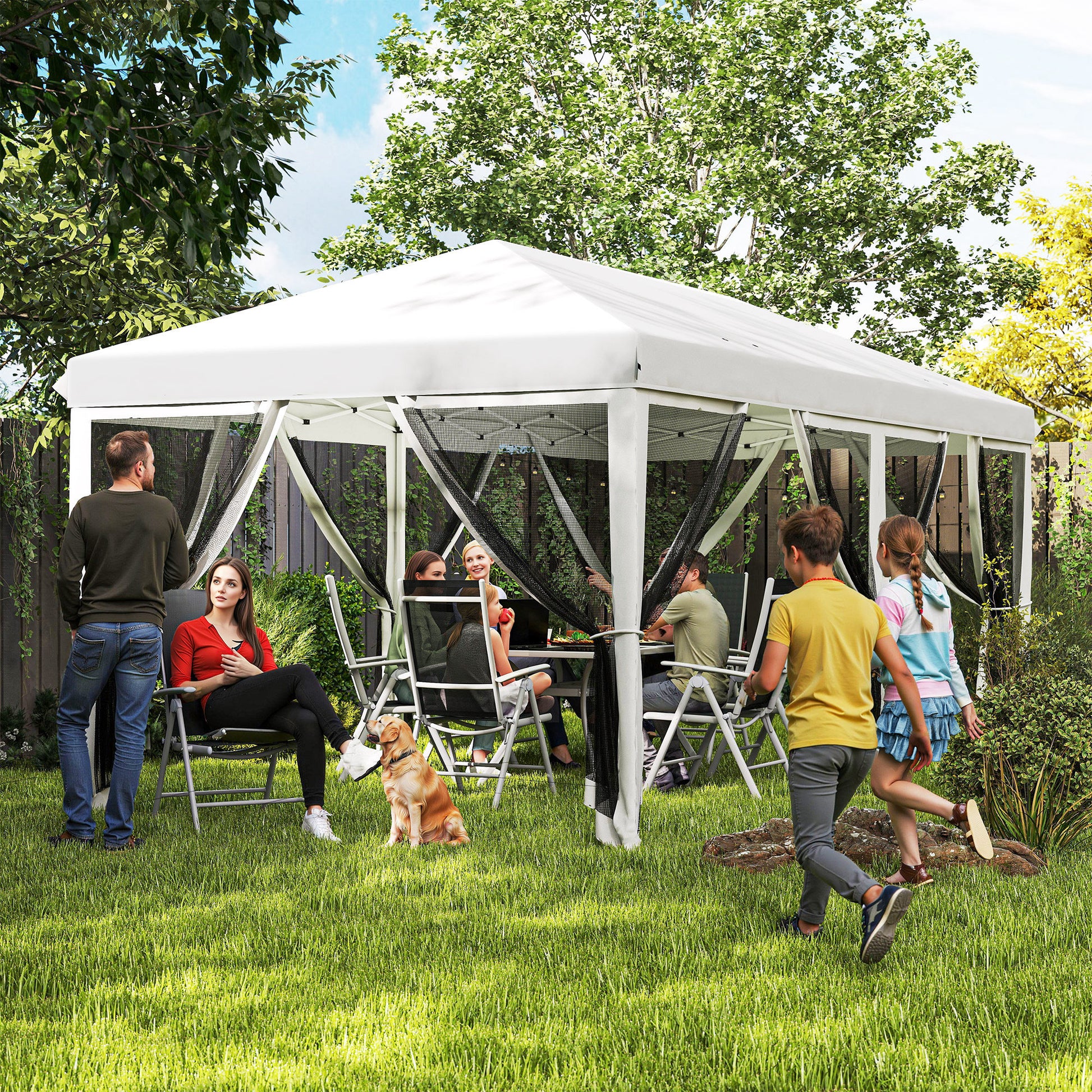 Pop-Up Folding Gazebo 6x3 m Foldable Pavilion with 6 Anti-UV Mesh Sidewalls and Carrying Bag for Camping Parties Cream