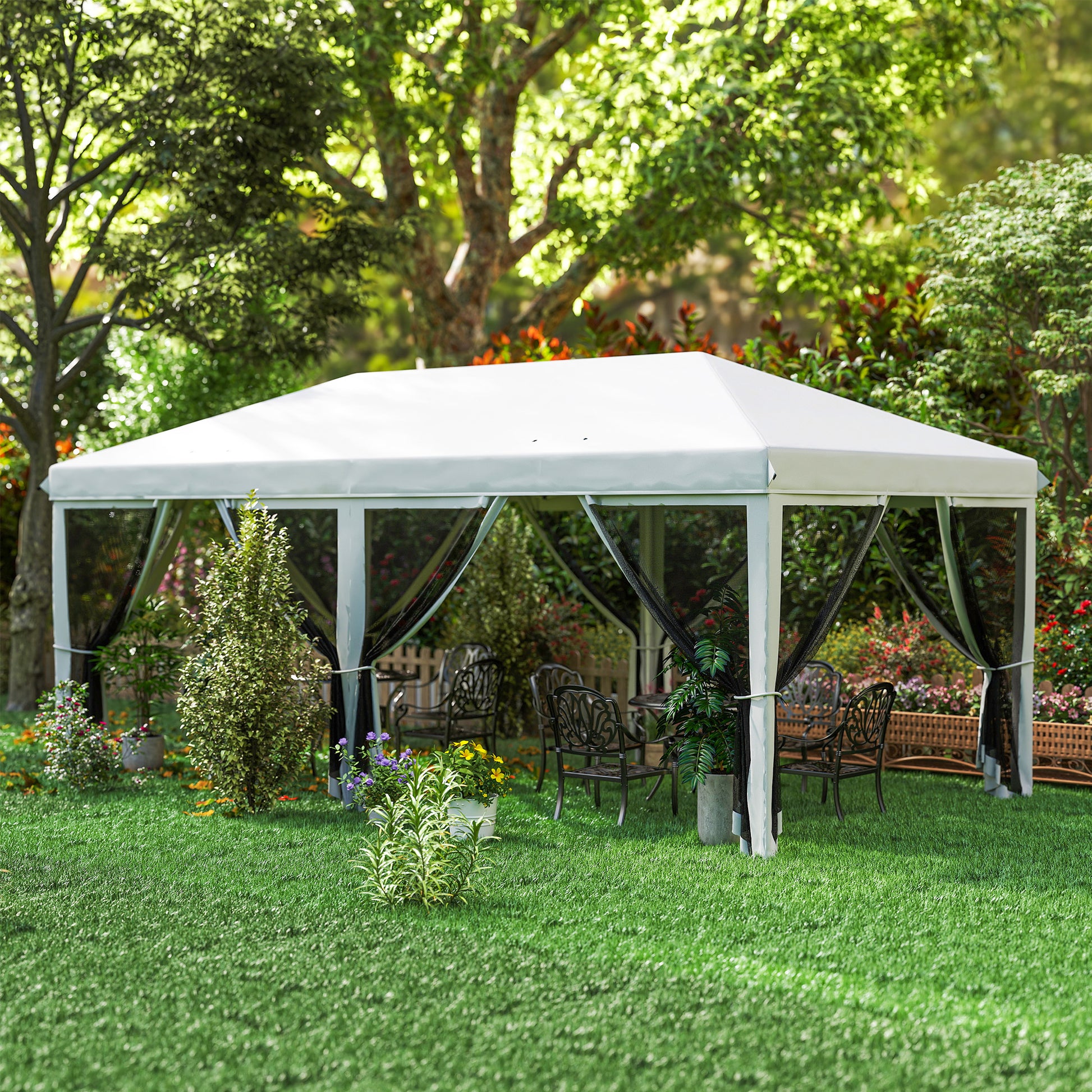 Pop-Up Folding Gazebo 6x3 m Foldable Pavilion with 6 Anti-UV Mesh Sidewalls and Carrying Bag for Camping Parties Cream
