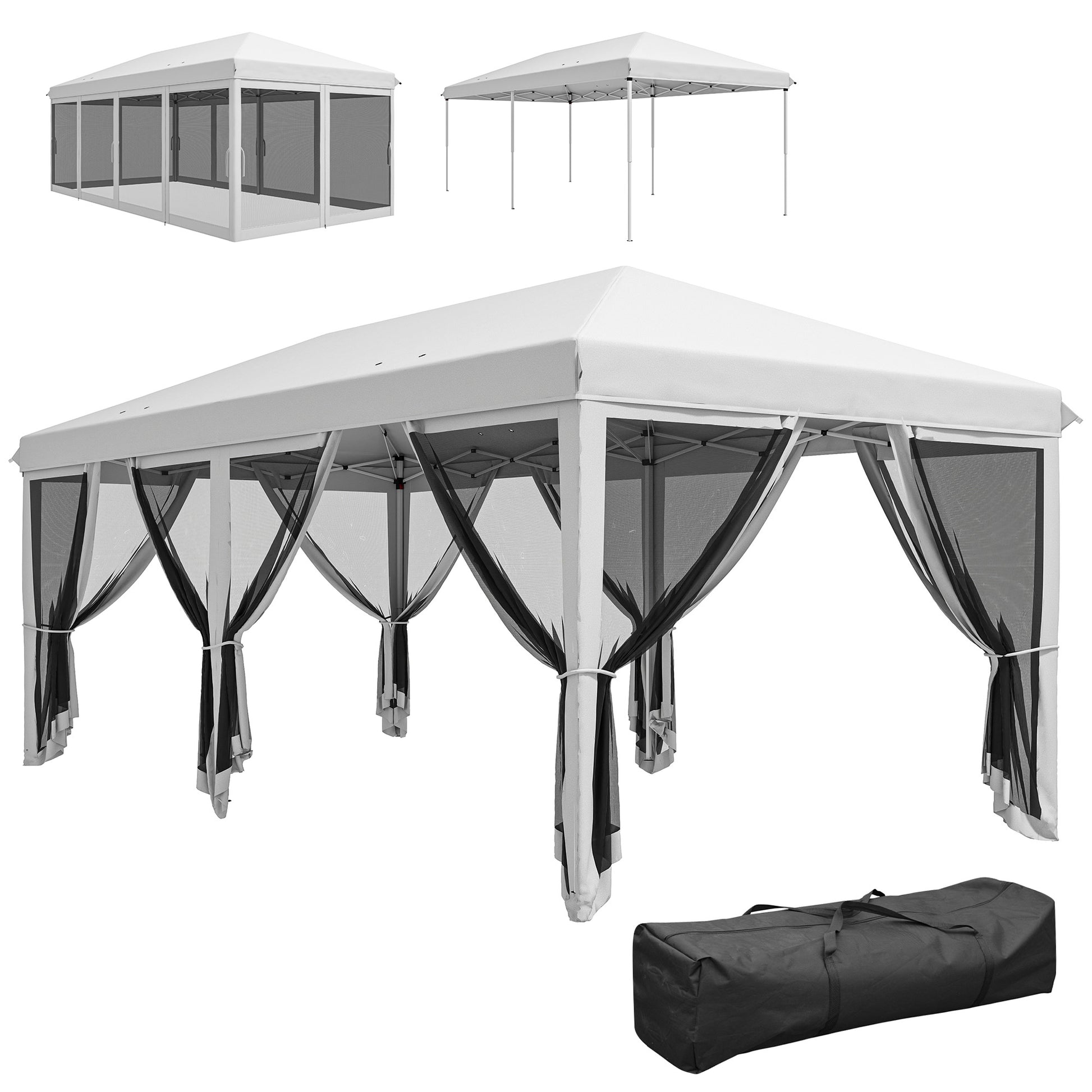 Pop-Up Folding Gazebo 6x3 m Foldable Pavilion with 6 Anti-UV Mesh Sidewalls and Carrying Bag for Camping Parties Cream