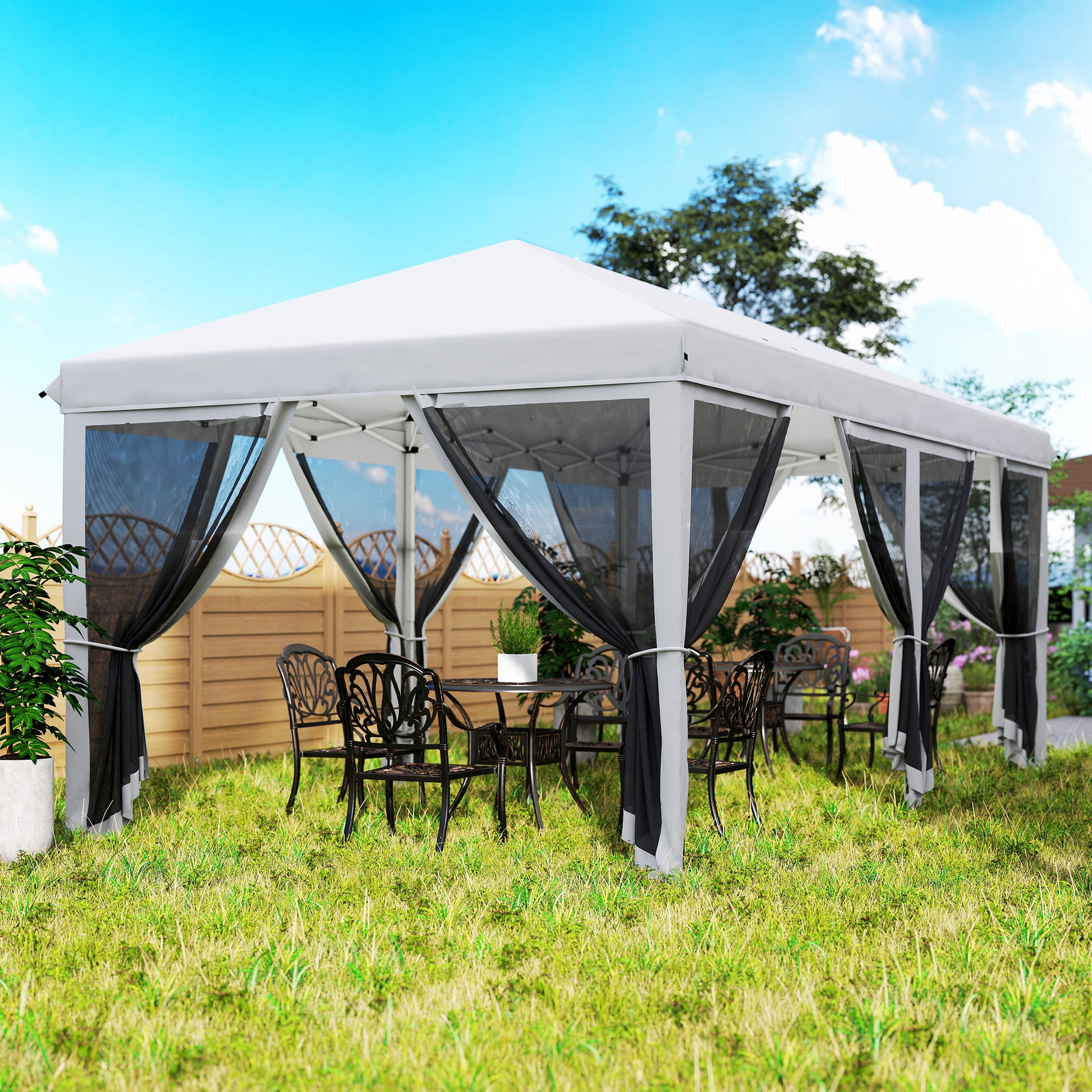 Pop-Up Folding Gazebo 6x3 m Foldable Pavilion with 6 Anti-UV Mesh Sidewalls and Carrying Bag for Camping Parties Cream