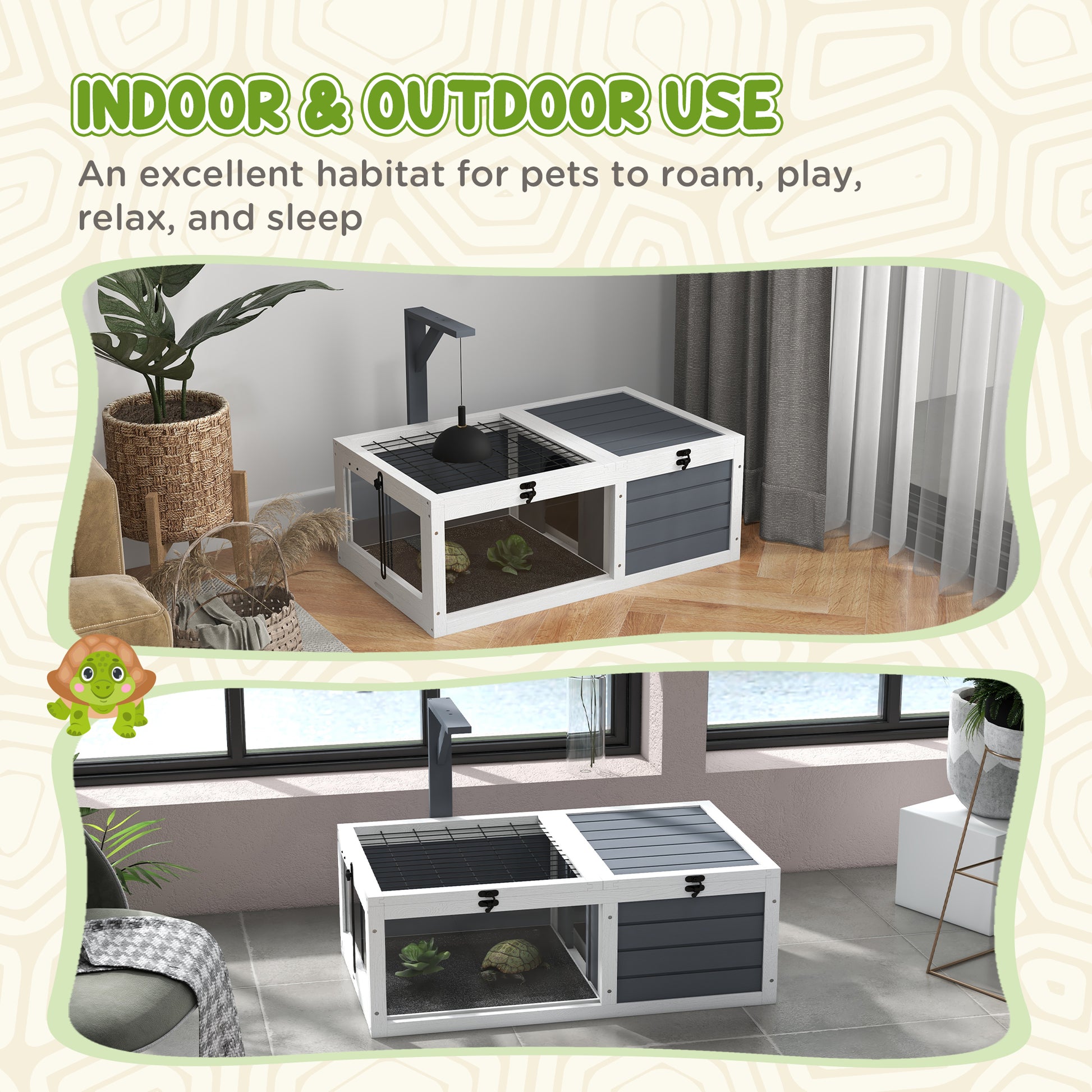 House enclosure cage for small tortoise with 2 spaces, lamp support 2 sliding trays, 81 x 48 x 31.5 cm - solid gray wood