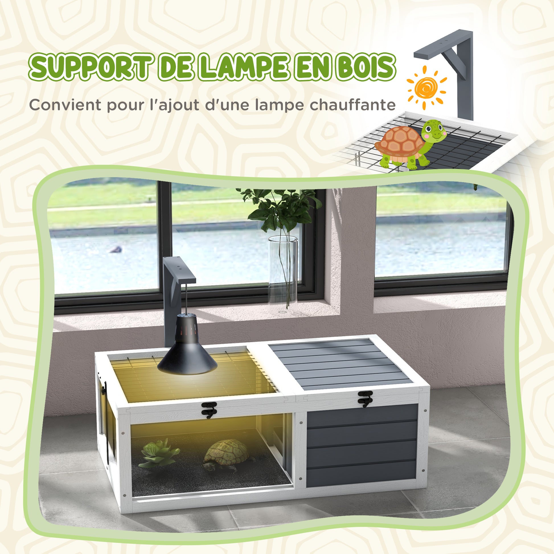 House enclosure cage for small tortoise with 2 spaces, lamp support 2 sliding trays, 81 x 48 x 31.5 cm - solid gray wood