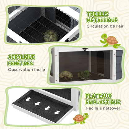 House enclosure cage for small tortoise with 2 spaces, lamp support 2 sliding trays, 81 x 48 x 31.5 cm - solid gray wood