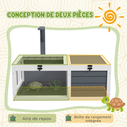 House enclosure cage for small tortoise with 2 spaces, lamp support 2 sliding trays, 81 x 48 x 31.5 cm - solid gray wood
